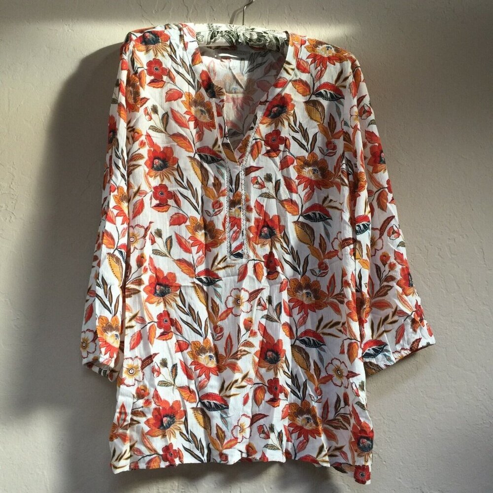 Armand Thiery Women 3/4 Sleeve Metallic Floral Tunic Top White Orange Split Neck